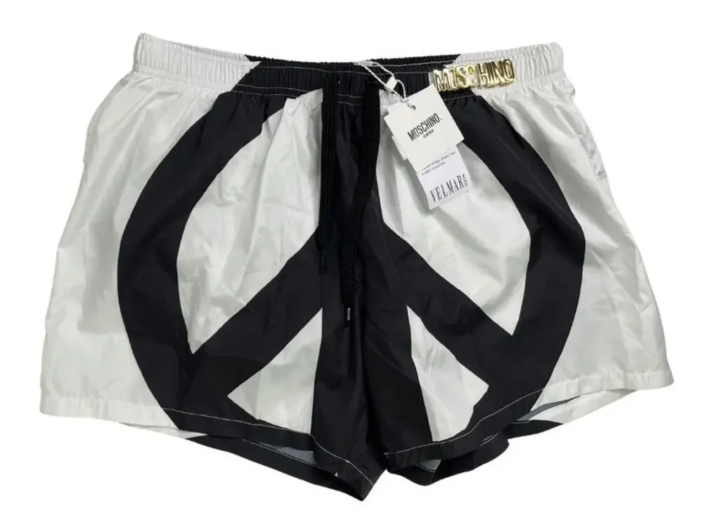 4-95 MOSCHINO Men's NWT Swim Trunks Board Shorts Peace Sign White S/US30/EU46